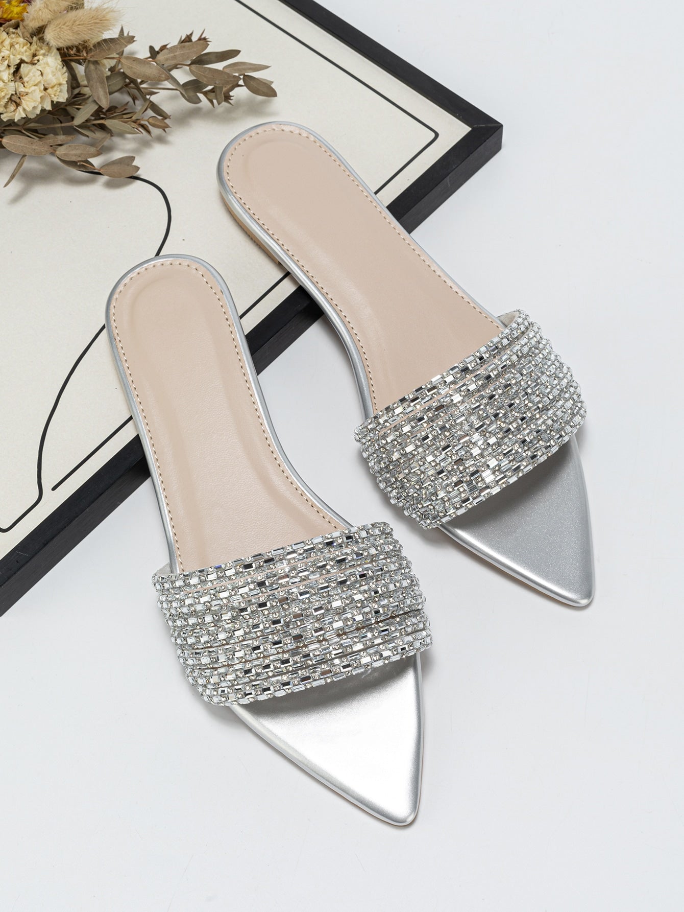 Glamorous Outdoors Flat Slippers For Women, Rhinestone Decor Glass Point Open Toe Slide Sandals