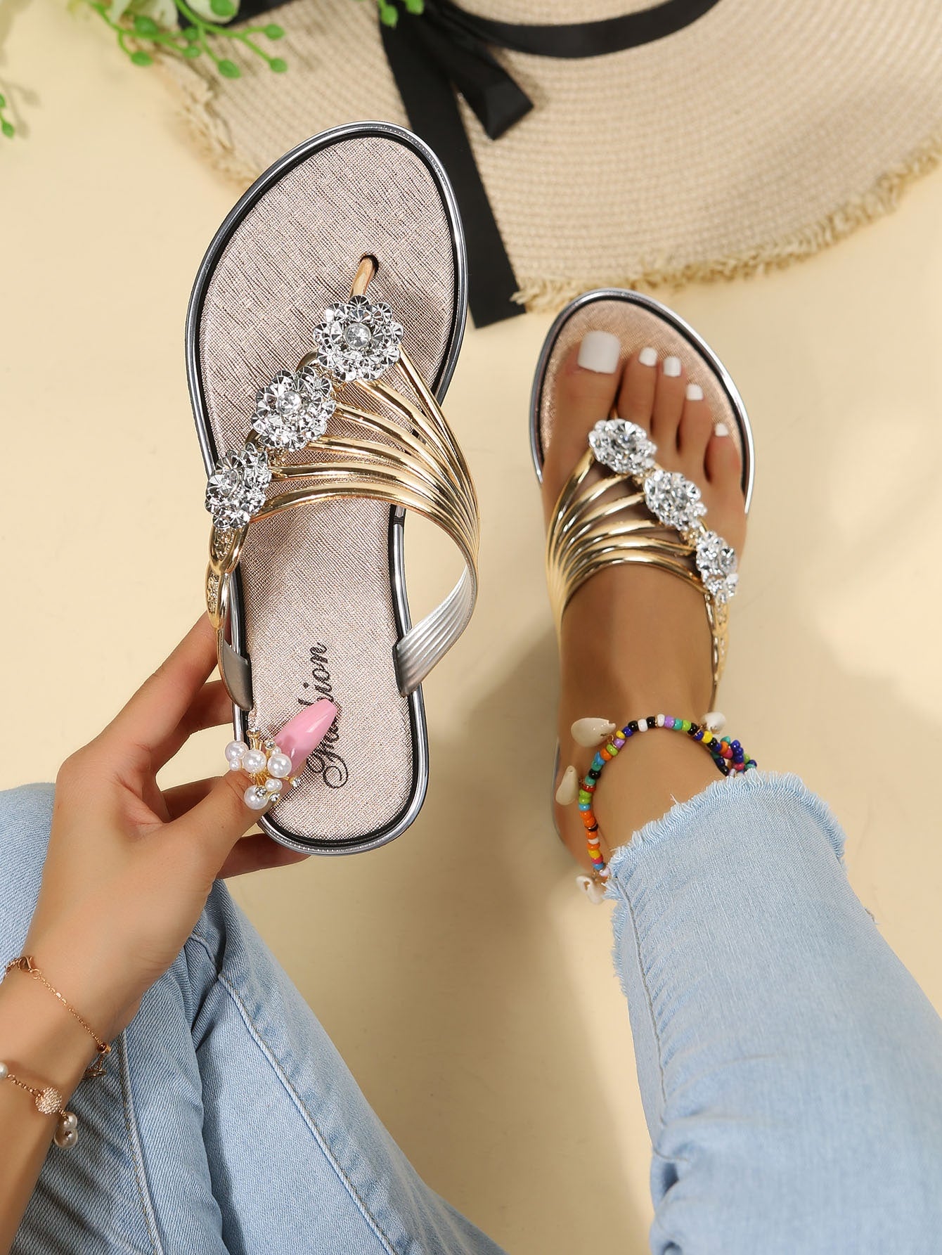 Funky Outdoors Thong Sandals For Women, Metallic Rhinestone & Flower Decor Plain PVC Toe Post Flat Sandals