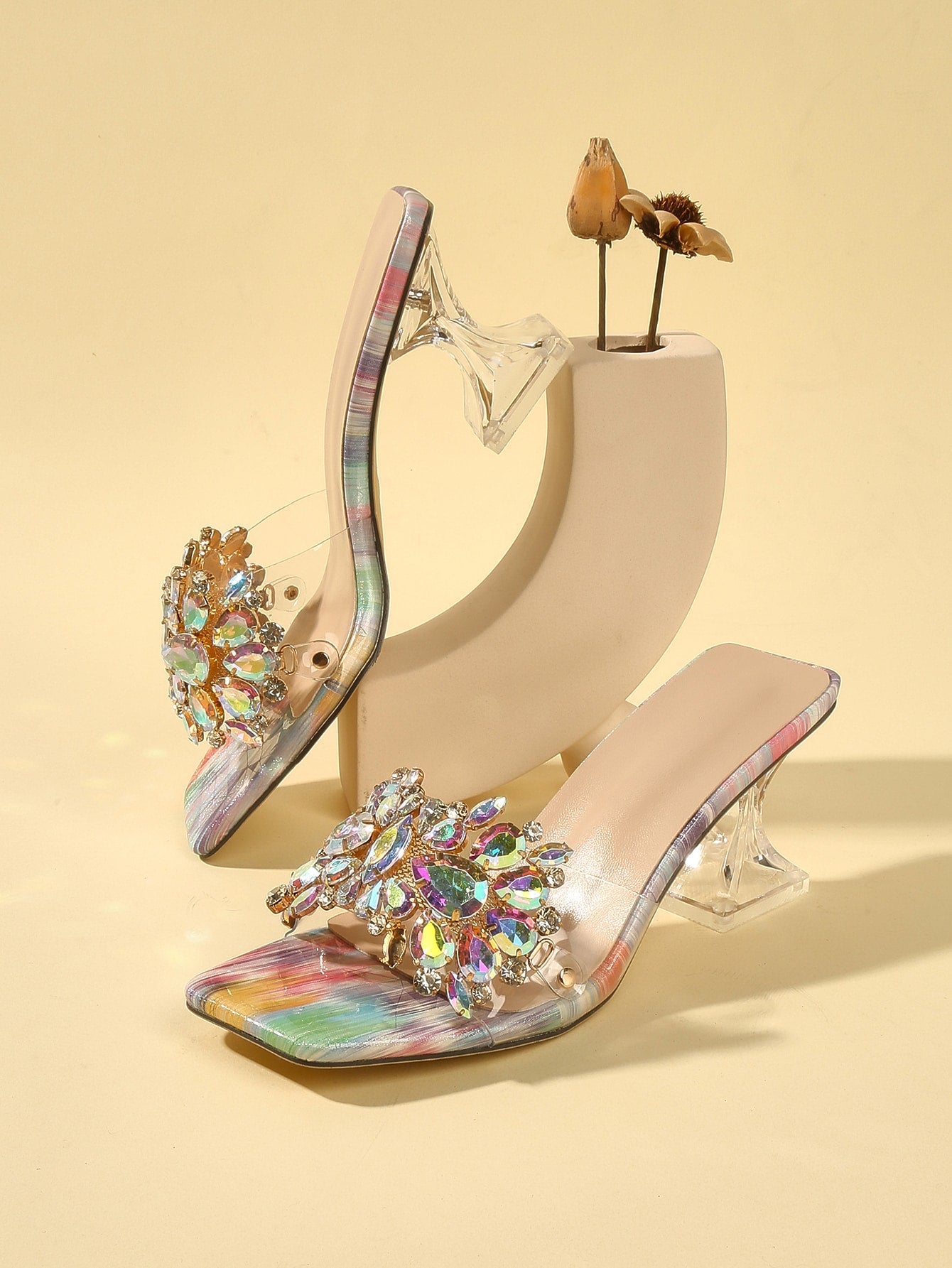 Jewelled Decor Clear Sculptural Heeled Mule Sandals, Ladies' Gold High Heel Sandals With Jewel Detail And Unique Heel