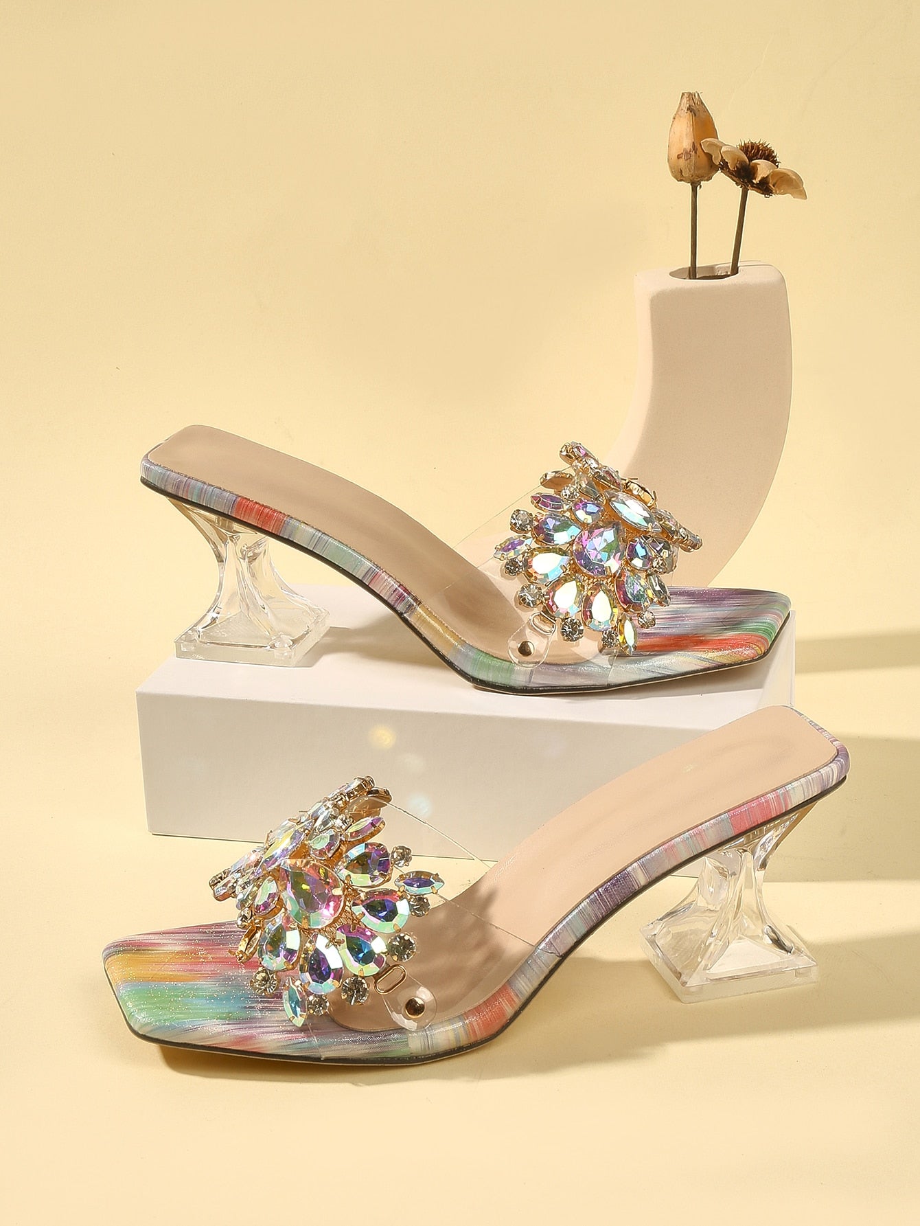 Jewelled Decor Clear Sculptural Heeled Mule Sandals, Ladies' Gold High Heel Sandals With Jewel Detail And Unique Heel