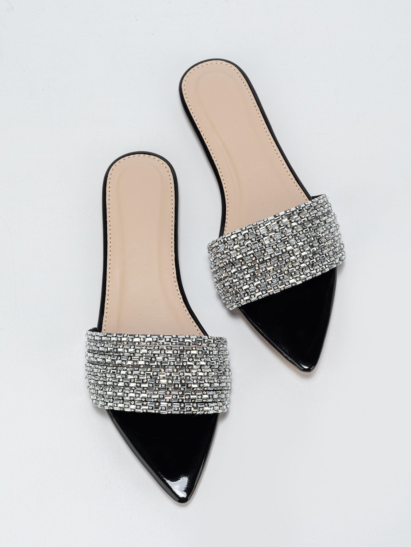 Glamorous Outdoors Flat Slippers For Women, Rhinestone Decor Glass Point Open Toe Slide Sandals