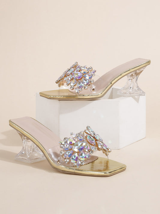 Jewelled Decor Clear Sculptural Heeled Mule Sandals, Ladies' Gold High Heel Sandals With Jewel Detail And Unique Heel