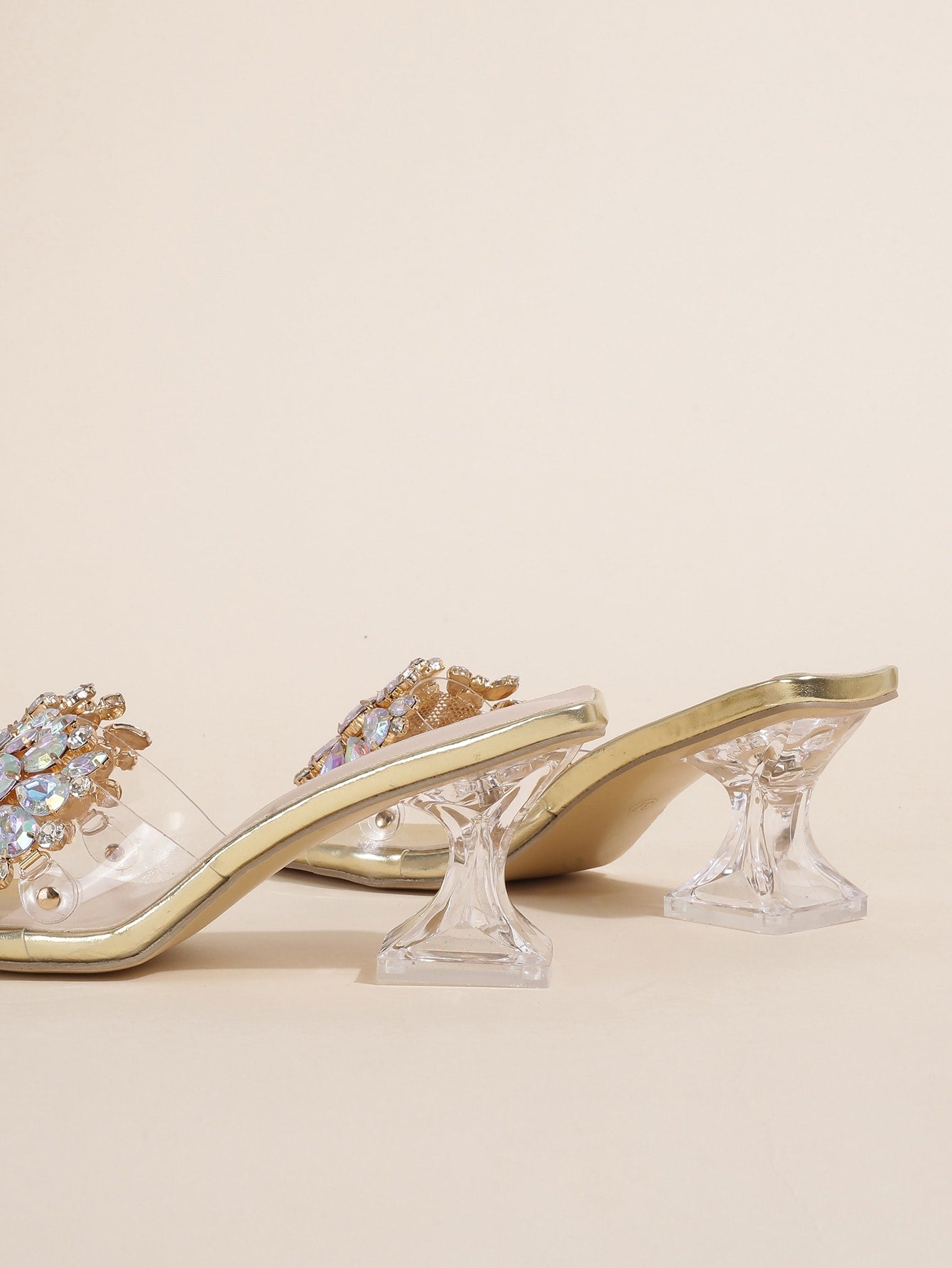 Jewelled Decor Clear Sculptural Heeled Mule Sandals, Ladies' Gold High Heel Sandals With Jewel Detail And Unique Heel