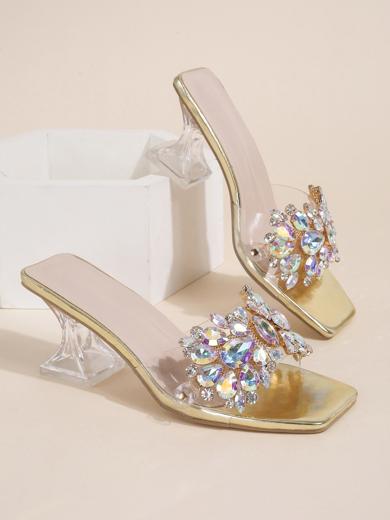 Jewelled Decor Clear Sculptural Heeled Mule Sandals, Ladies' Gold High Heel Sandals With Jewel Detail And Unique Heel