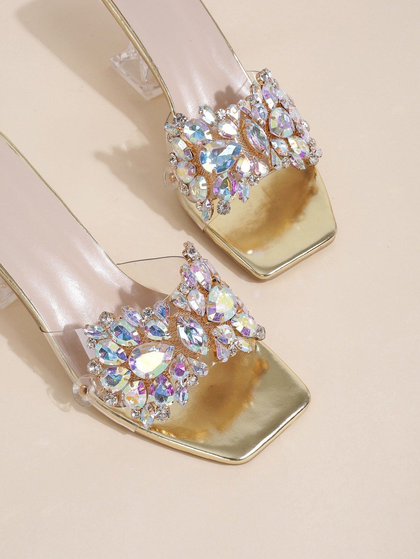 Jewelled Decor Clear Sculptural Heeled Mule Sandals, Ladies' Gold High Heel Sandals With Jewel Detail And Unique Heel