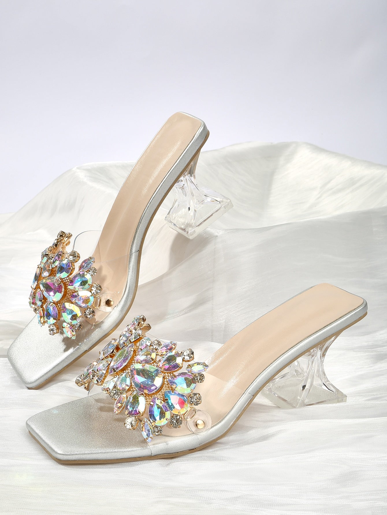 Jewelled Decor Clear Sculptural Heeled Mule Sandals, Ladies' Gold High Heel Sandals With Jewel Detail And Unique Heel