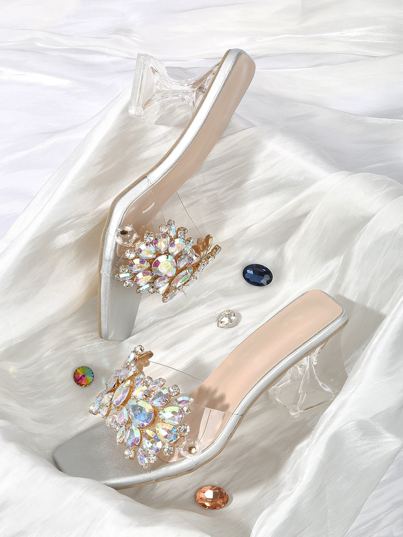 Jewelled Decor Clear Sculptural Heeled Mule Sandals, Ladies' Gold High Heel Sandals With Jewel Detail And Unique Heel