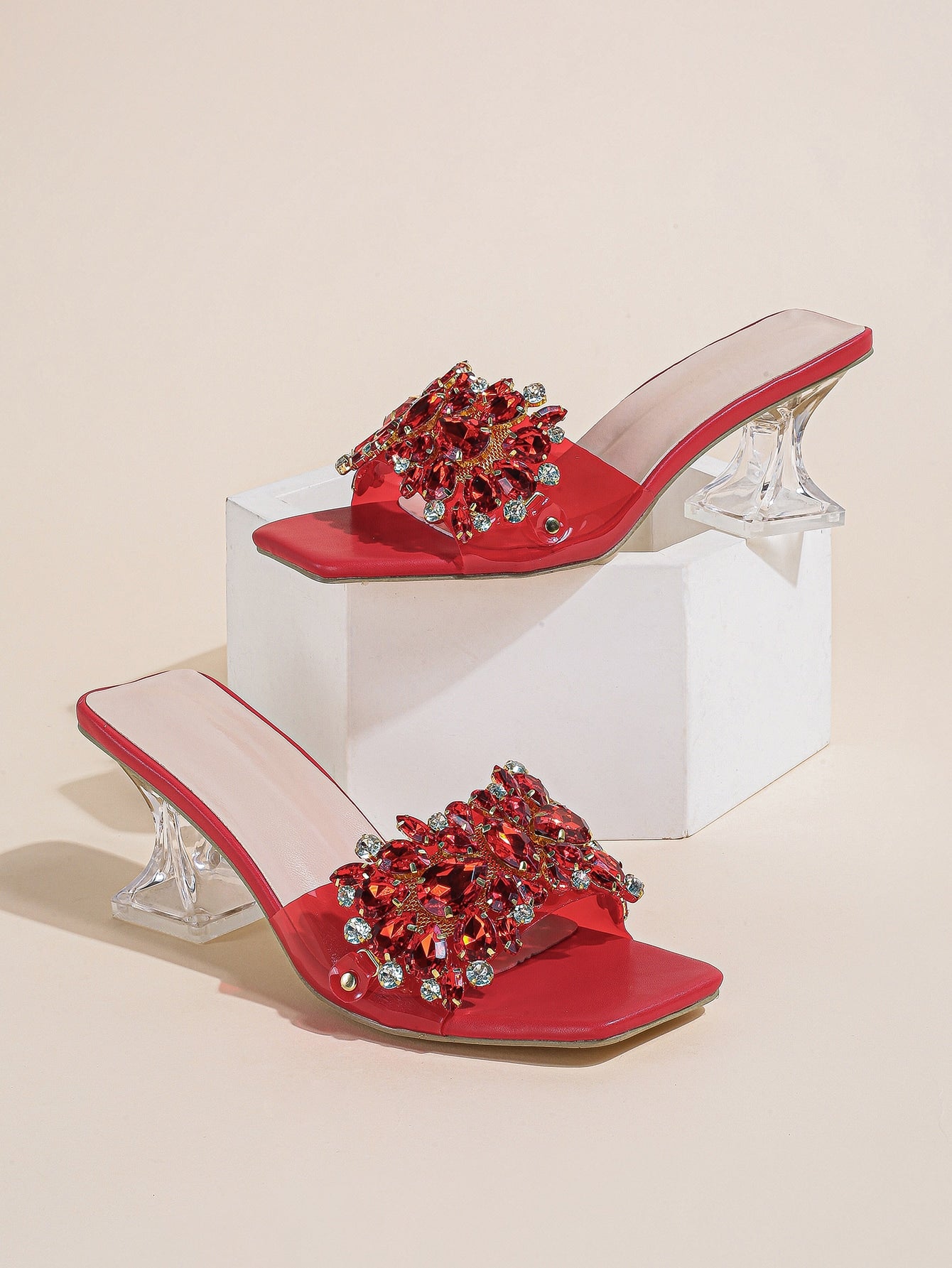 Jewelled Decor Clear Sculptural Heeled Mule Sandals, Ladies' Gold High Heel Sandals With Jewel Detail And Unique Heel