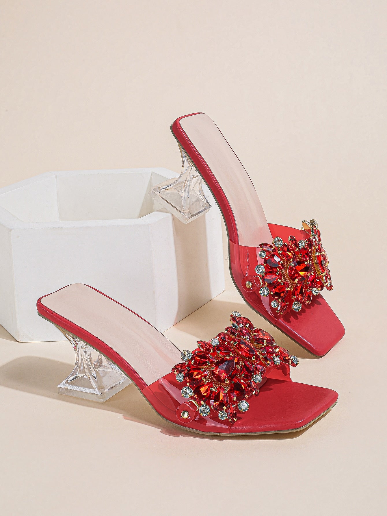 Jewelled Decor Clear Sculptural Heeled Mule Sandals, Ladies' Gold High Heel Sandals With Jewel Detail And Unique Heel