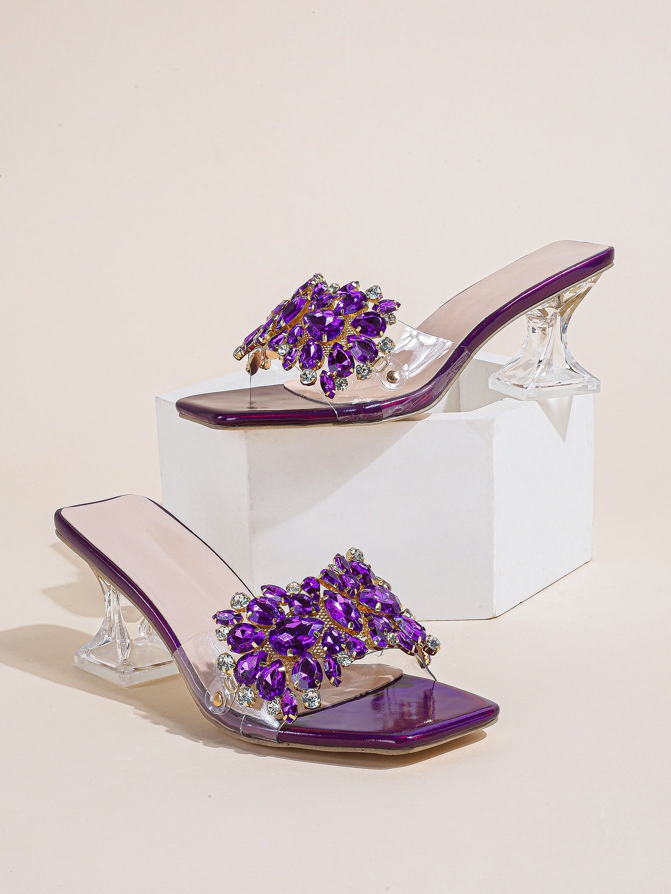 Jewelled Decor Clear Sculptural Heeled Mule Sandals, Ladies' Gold High Heel Sandals With Jewel Detail And Unique Heel