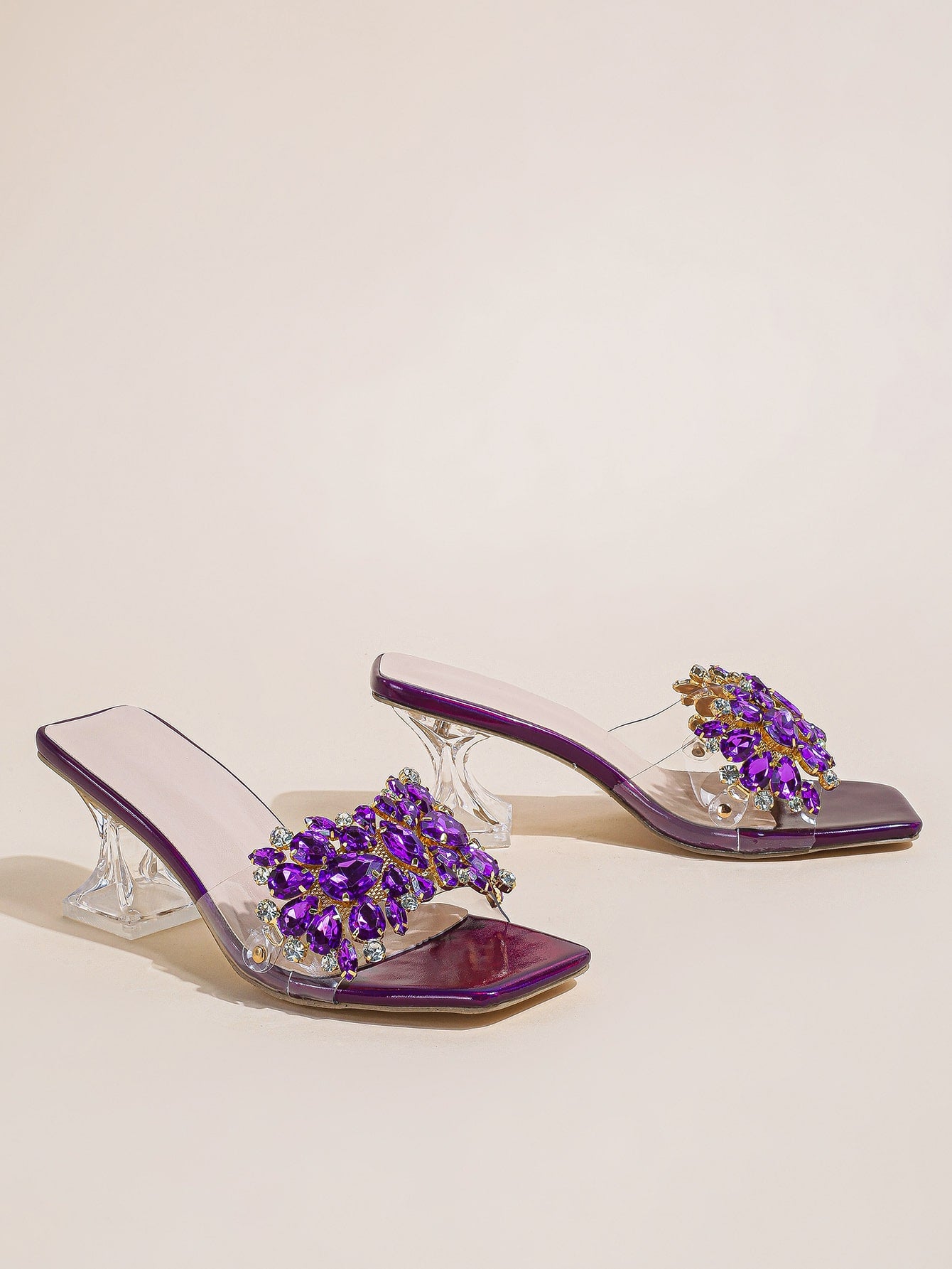 Jewelled Decor Clear Sculptural Heeled Mule Sandals, Ladies' Gold High Heel Sandals With Jewel Detail And Unique Heel