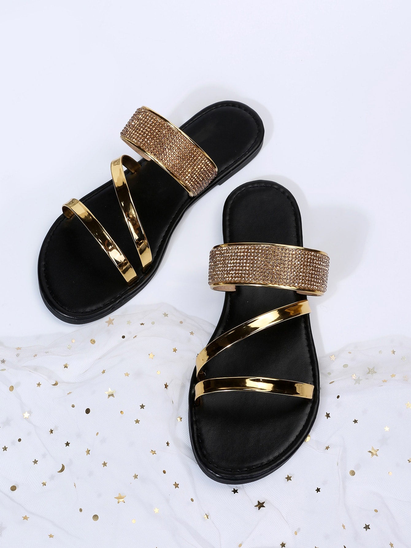 Women Metallic Rhinestone Decor Slide Sandals, Glamorous Summer Flat Sandals