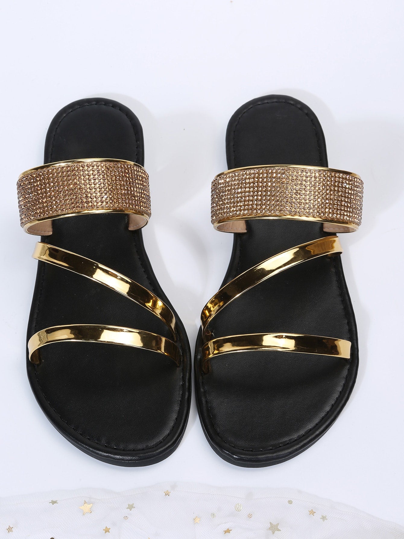 Glamorous Gold Slide Sandals For Women, Rhinestone Decor Multi Strap Sandals