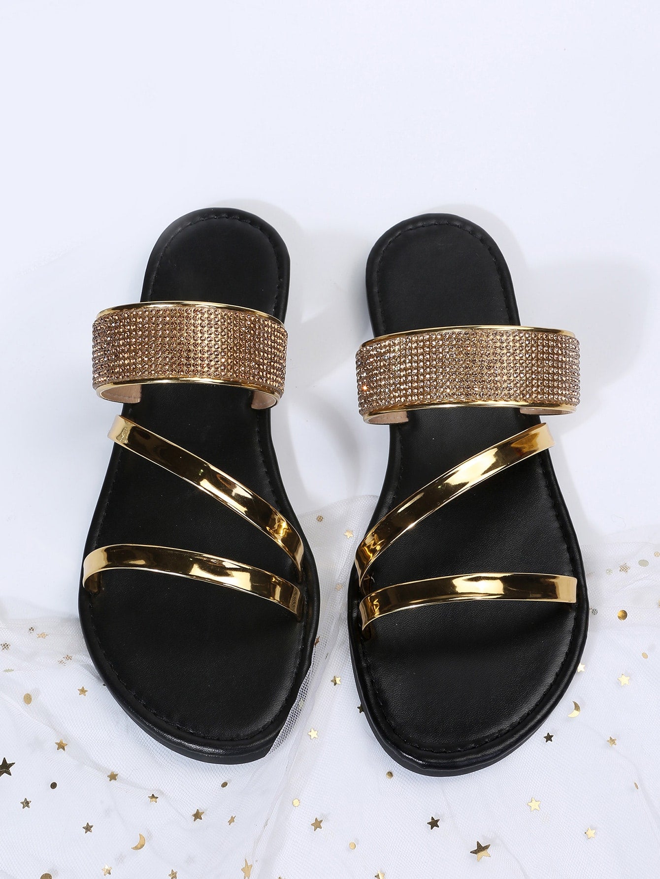 Glamorous Gold Slide Sandals For Women, Rhinestone Decor Multi Strap Sandals