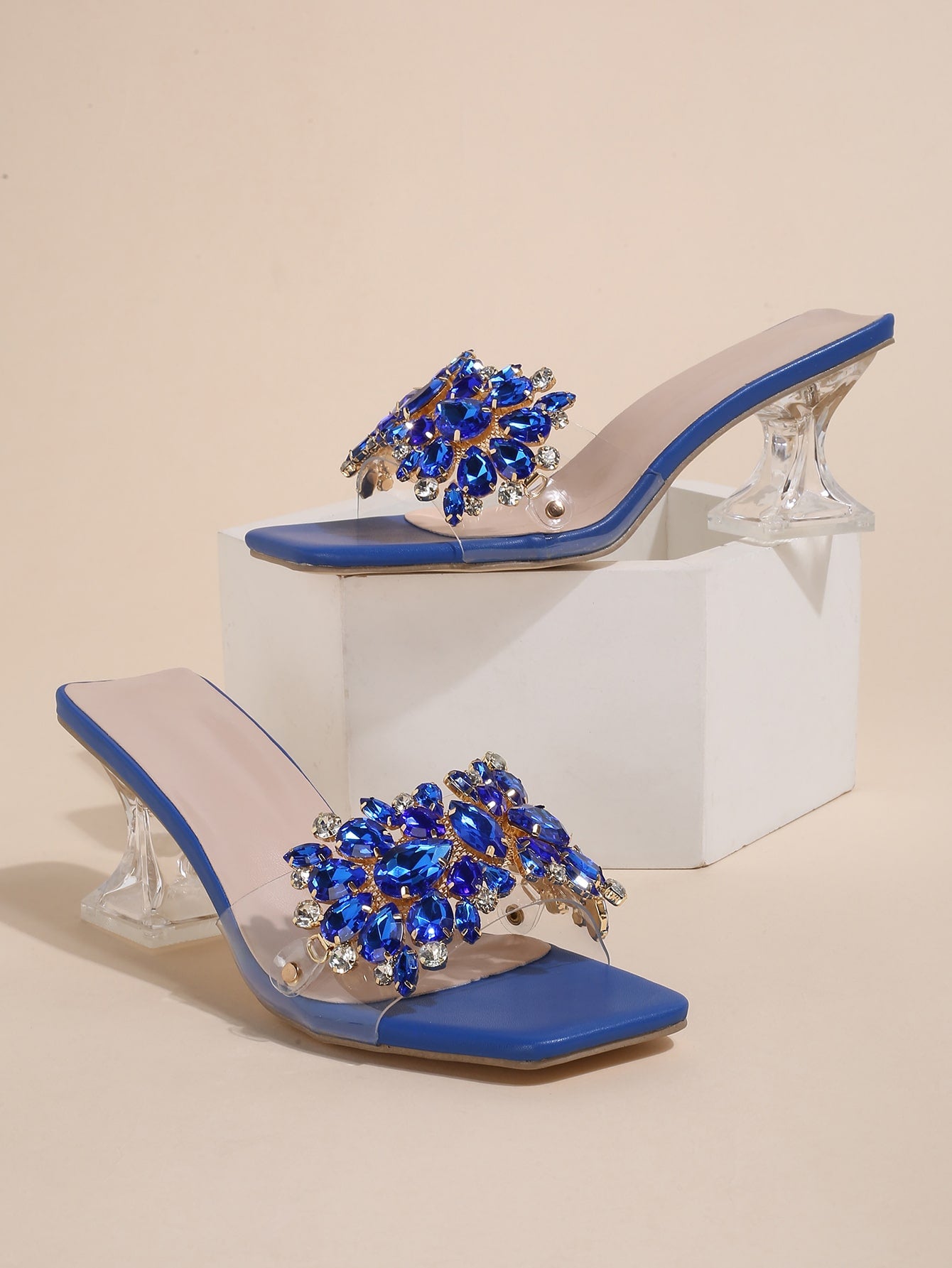 Jewelled Decor Clear Sculptural Heeled Mule Sandals, Ladies' Gold High Heel Sandals With Jewel Detail And Unique Heel