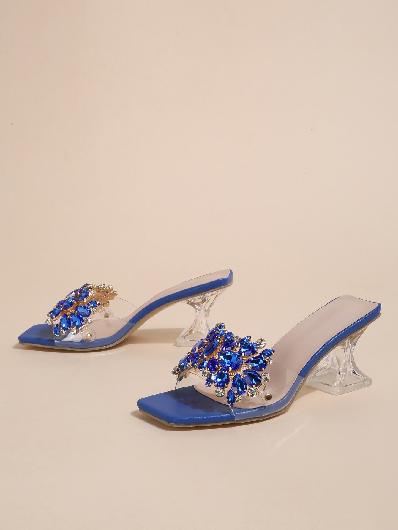 Jewelled Decor Clear Sculptural Heeled Mule Sandals, Ladies' Gold High Heel Sandals With Jewel Detail And Unique Heel