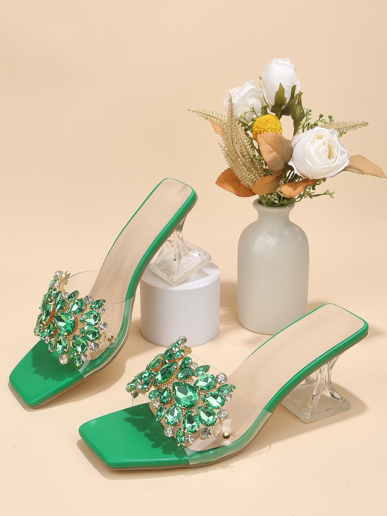 Jewelled Decor Clear Sculptural Heeled Mule Sandals, Ladies' Gold High Heel Sandals With Jewel Detail And Unique Heel