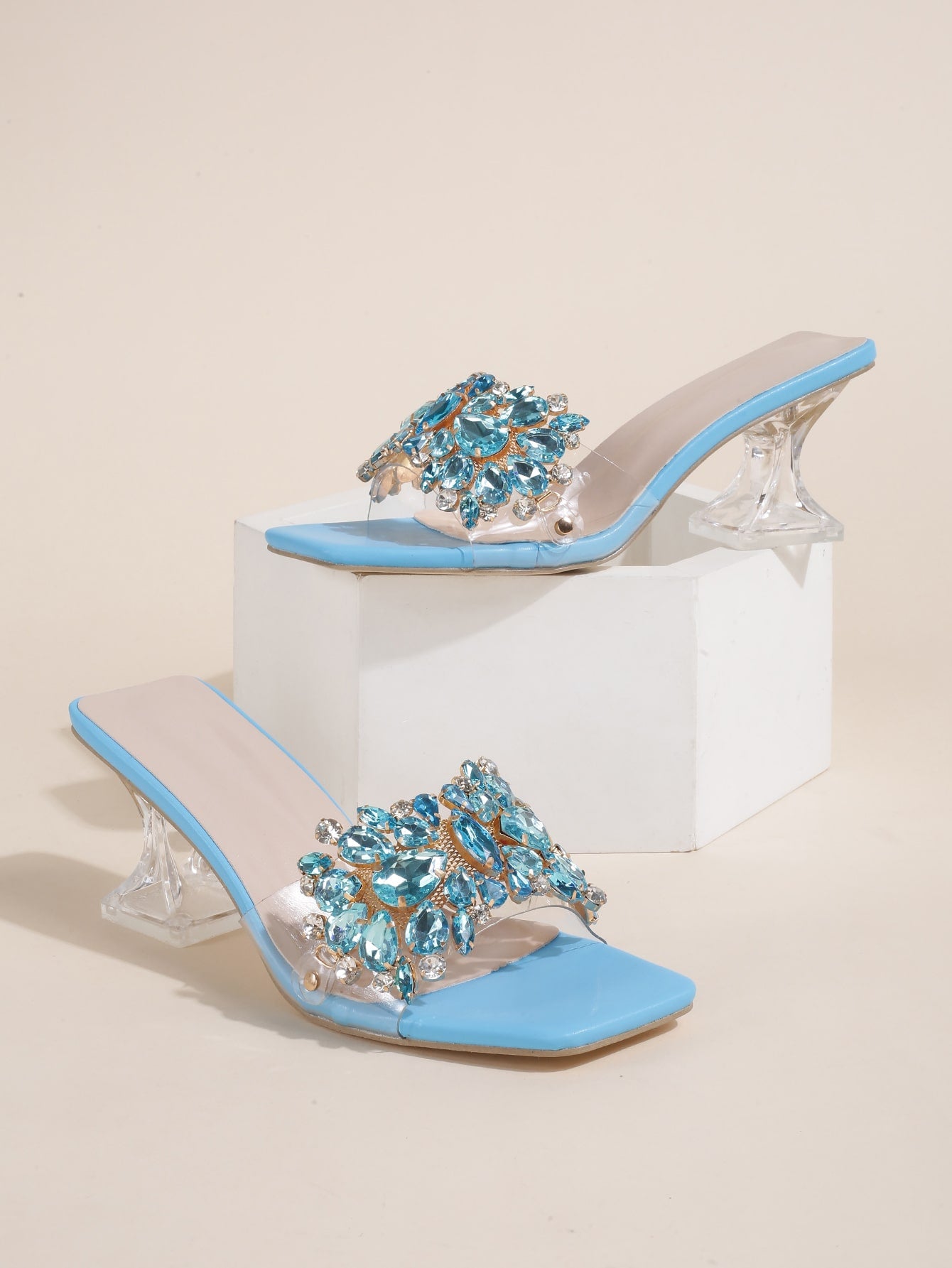 Jewelled Decor Clear Sculptural Heeled Mule Sandals, Ladies' Gold High Heel Sandals With Jewel Detail And Unique Heel