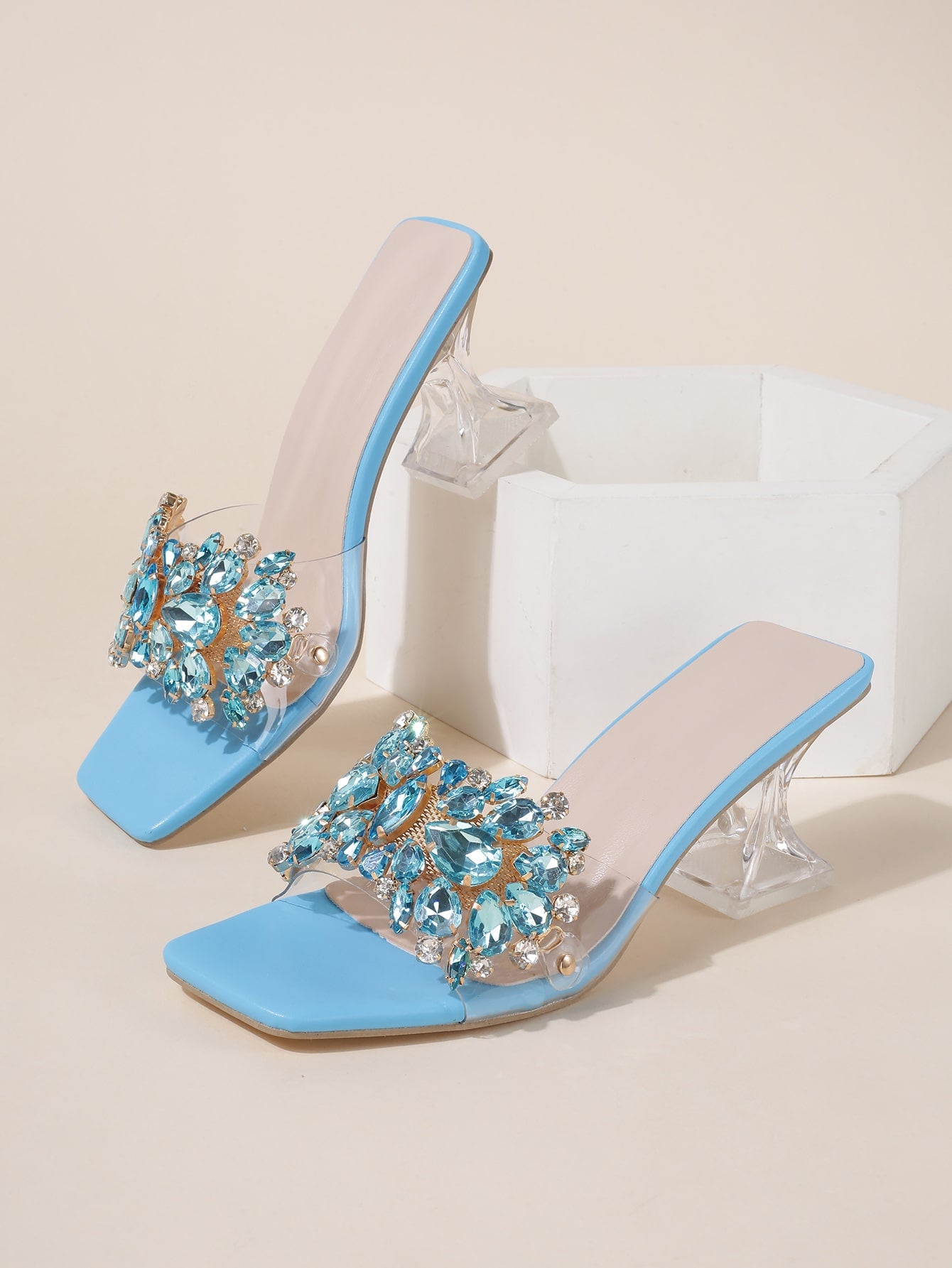 Jewelled Decor Clear Sculptural Heeled Mule Sandals, Ladies' Gold High Heel Sandals With Jewel Detail And Unique Heel