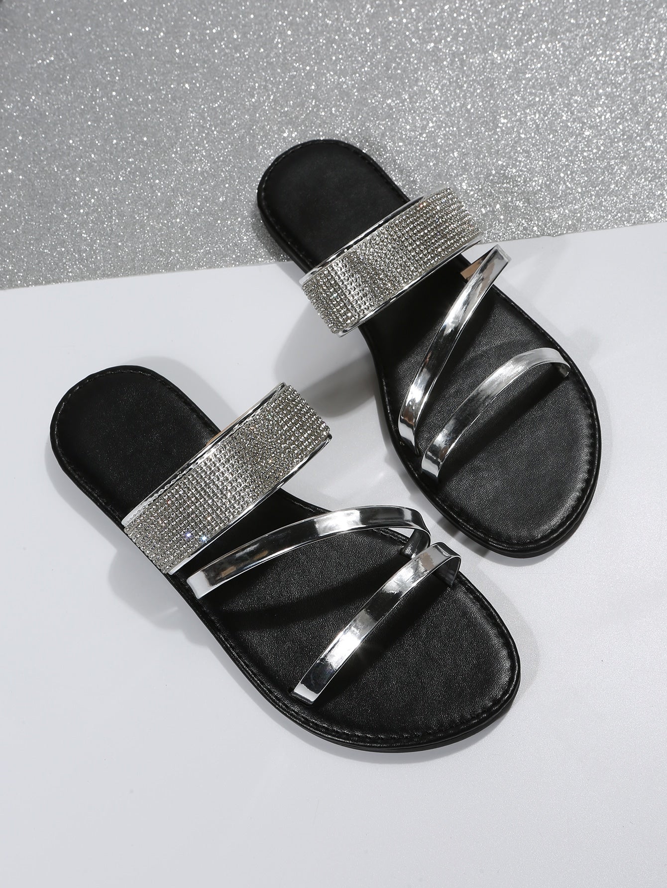 Women Metallic Rhinestone Decor Slide Sandals, Glamorous Summer Flat Sandals