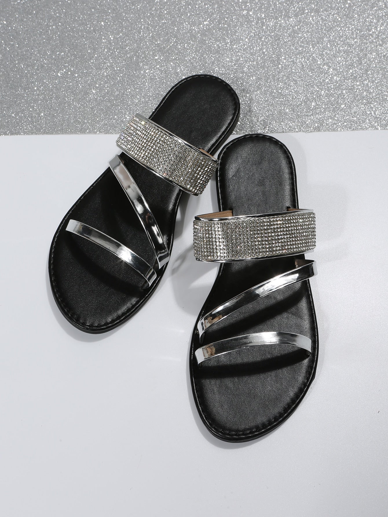 Women Metallic Rhinestone Decor Slide Sandals, Glamorous Summer Flat Sandals