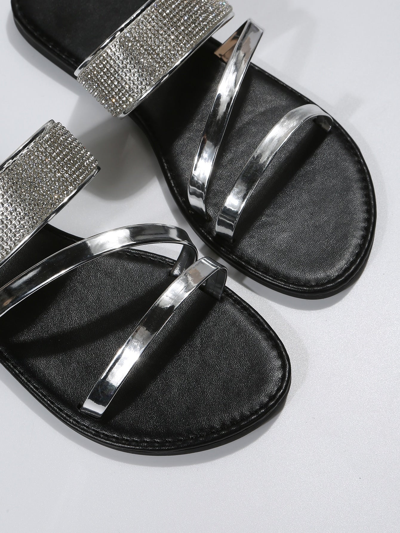 Women Metallic Rhinestone Decor Slide Sandals, Glamorous Summer Flat Sandals