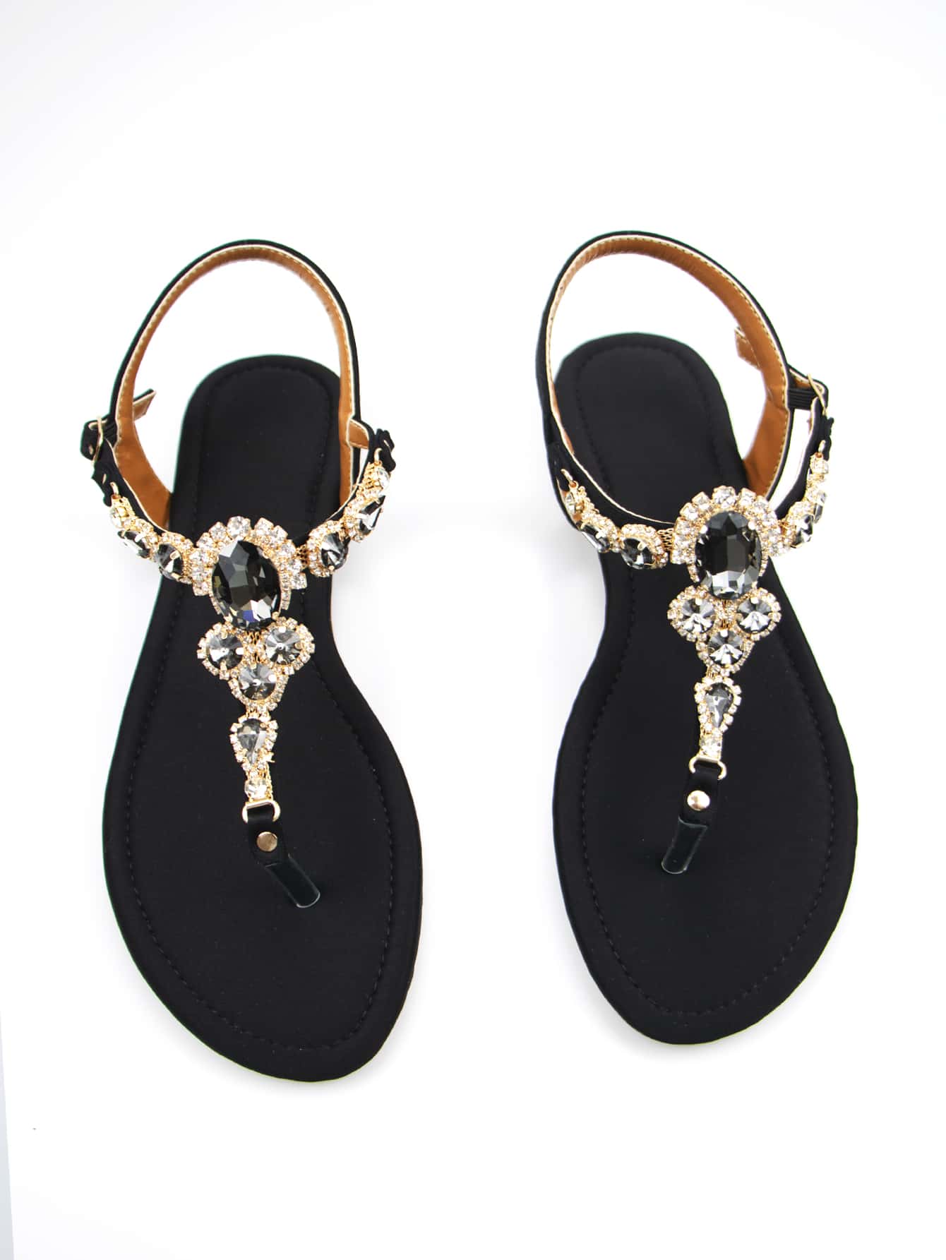 Women's Gorgeous Rhinestone Decor Black Lycra Fabric Comfortable Flat Sandals With Ankle Strap