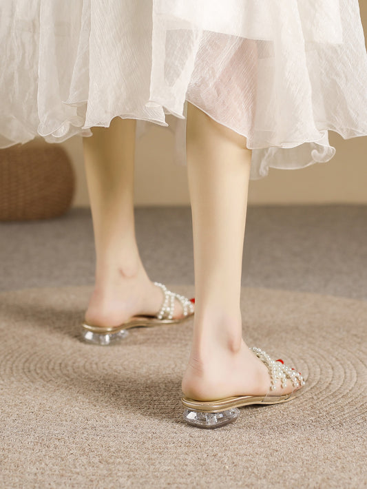 Women Faux Pearl Decor Scallop Trim Clear Strap Flat Sandals, Fashionable Slide Sandals For Summer