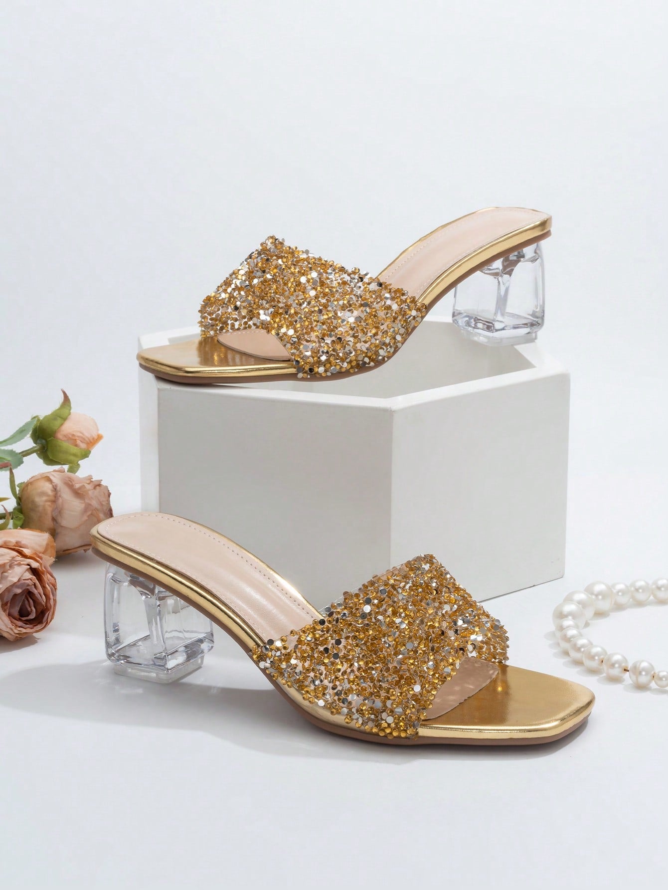 Women Rhinestone Decor Clear Chunky Heeled Mule Sandals, Glamorous Gold Glass Heeled Sandals