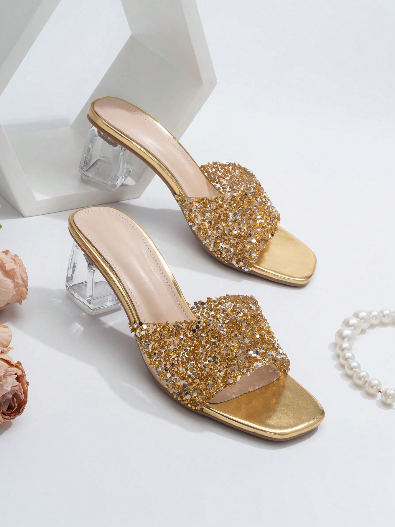 Women Rhinestone Decor Clear Chunky Heeled Mule Sandals, Glamorous Gold Glass Heeled Sandals