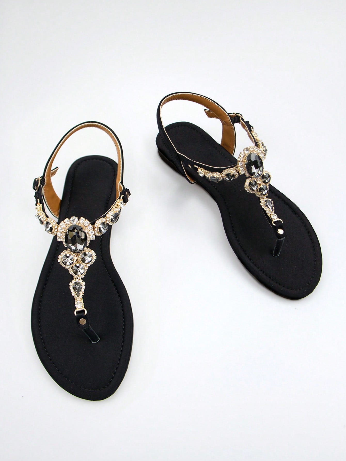 Women's Gorgeous Rhinestone Decor Black Lycra Fabric Comfortable Flat Sandals With Ankle Strap