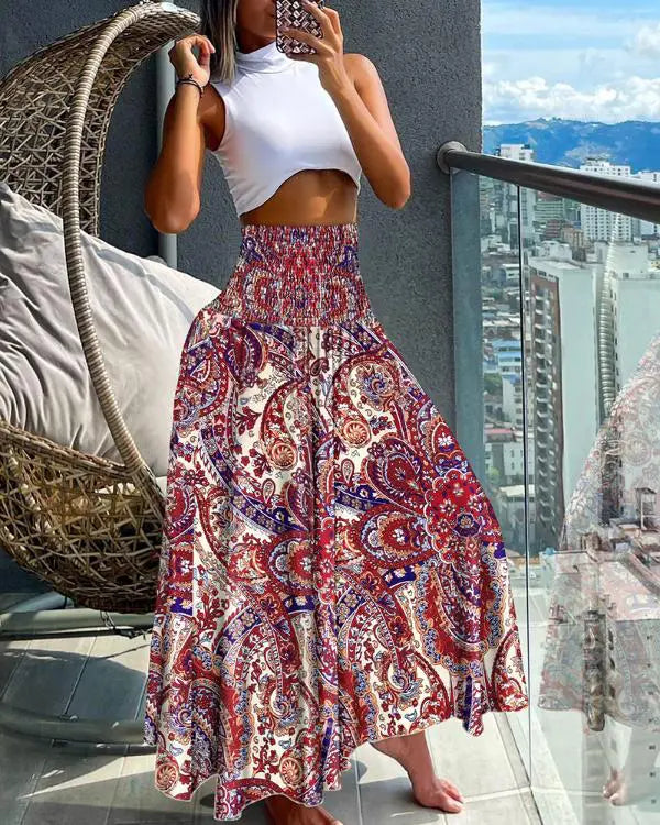 Floral Print Shirred Wide Leg Pants