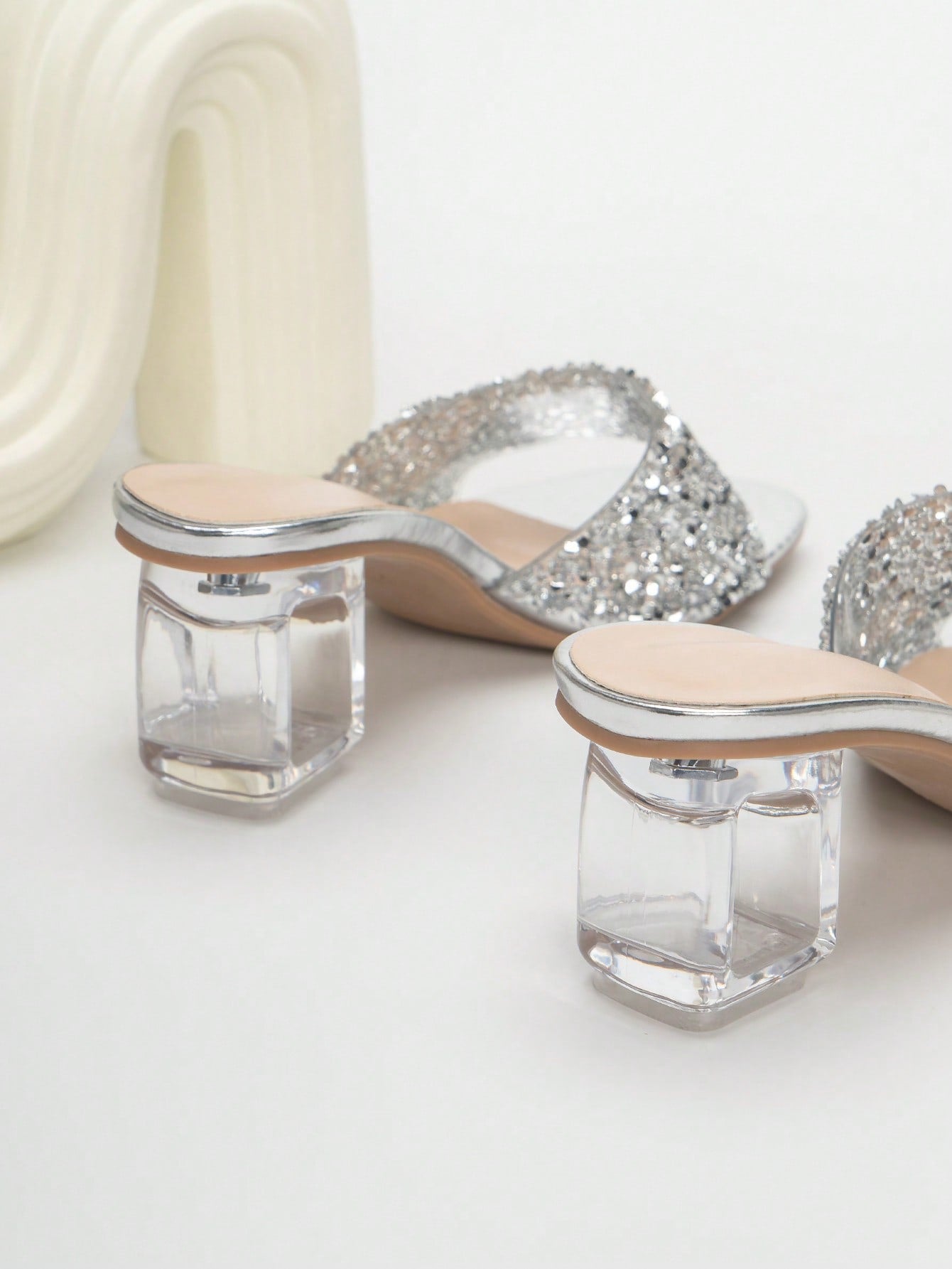 Women Rhinestone Decor Clear Chunky Heeled Mule Sandals, Glamorous Gold Glass Heeled Sandals