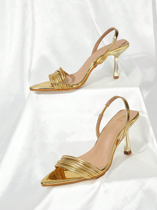Glamorous Gold Slingback, Multi Thin Strap Heeled Sandals
