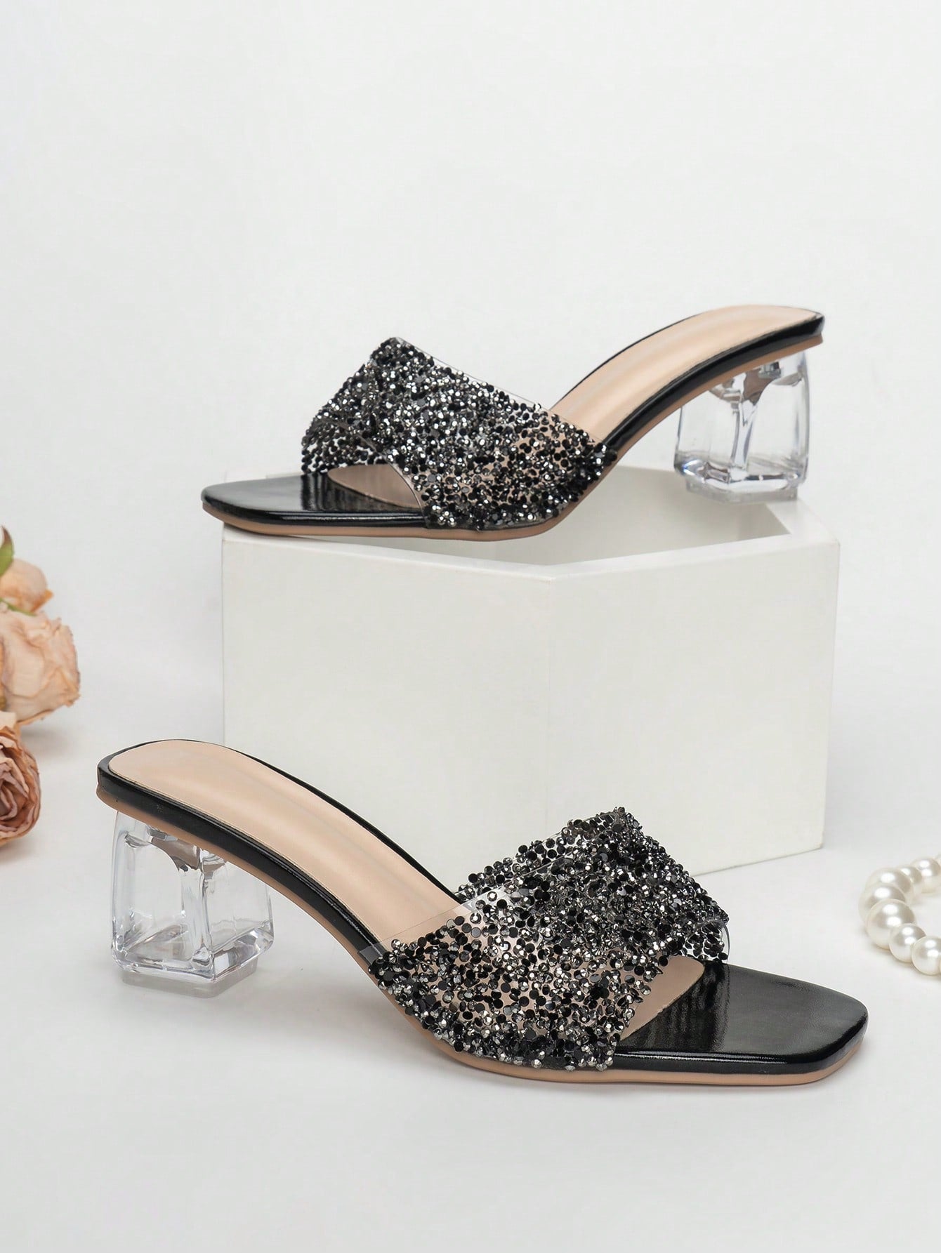 Women Rhinestone Decor Clear Chunky Heeled Mule Sandals, Glamorous Gold Glass Heeled Sandals