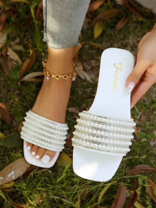 Women's Fashion Pearl Decoration Flat Sandals, Comfortable, Casual, French Style, White, Plus Size, Open Toe, Square Toe, Pearl Design, Goddess Style, Summer Beachwear