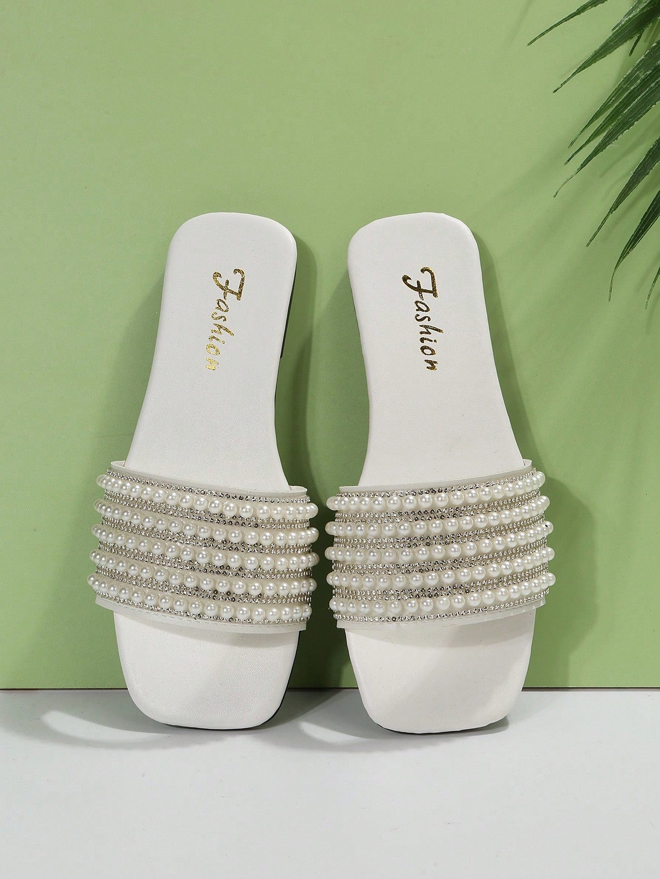 Women's Fashion Pearl Decoration Flat Sandals, Comfortable, Casual, French Style, White, Plus Size, Open Toe, Square Toe, Pearl Design, Goddess Style, Summer Beachwear