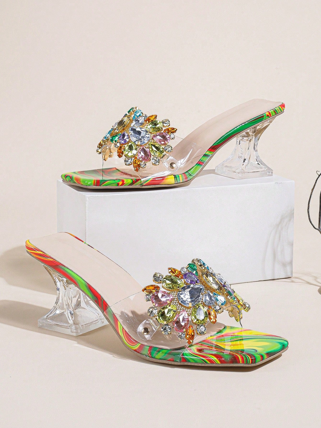 Jewelled Decor Clear Sculptural Heeled Mule Sandals, Ladies' Gold High Heel Sandals With Jewel Detail And Unique Heel