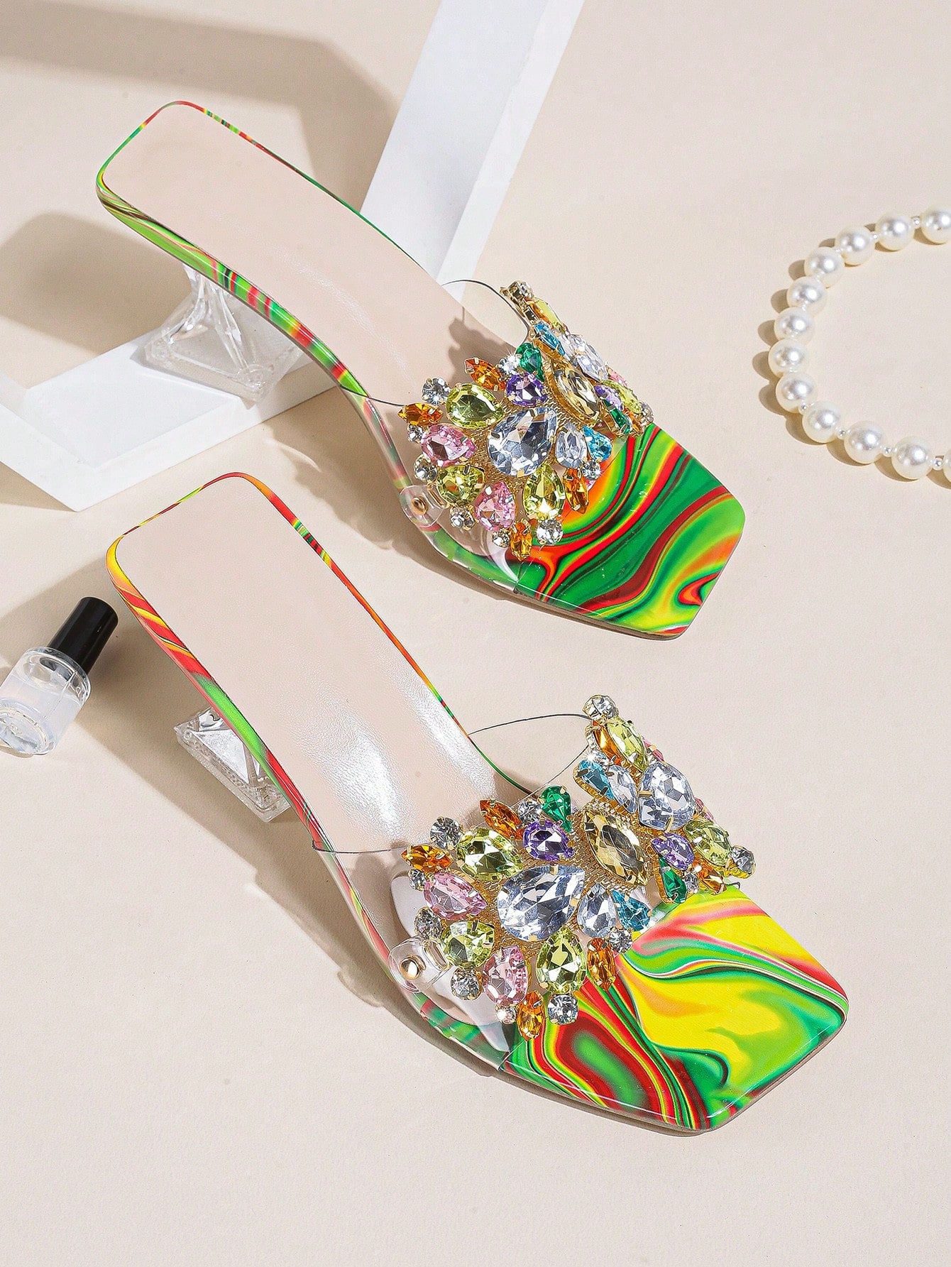 Jewelled Decor Clear Sculptural Heeled Mule Sandals, Ladies' Gold High Heel Sandals With Jewel Detail And Unique Heel