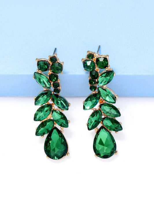 1 pair Luxury Green Water Drop Rhinestone Leaf Dangle Earrings
