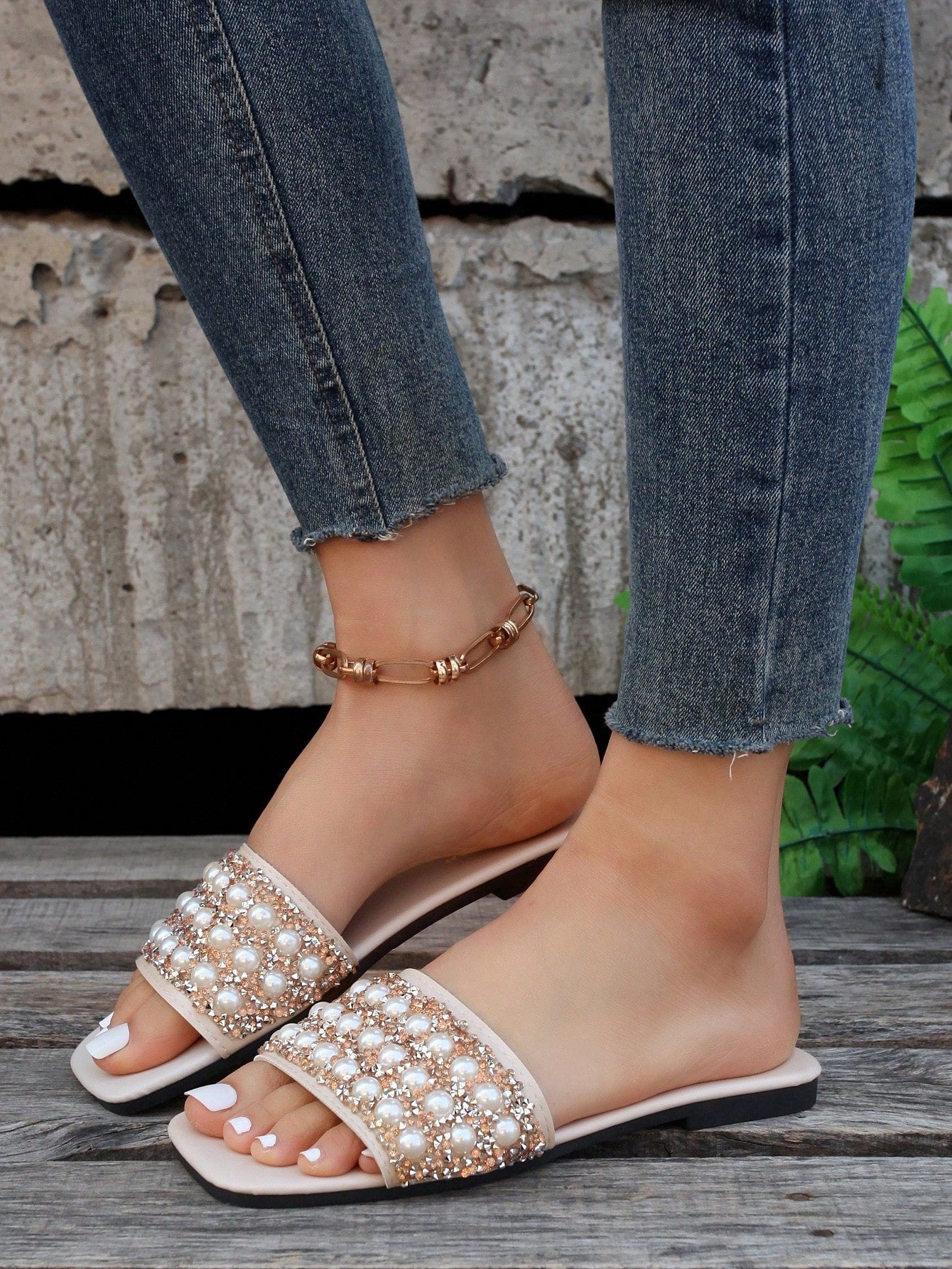 Women's Fashion Pearl Decoration Flat Sandals, Comfortable, Casual, French Style, White, Plus Size, Open Toe, Square Toe, Pearl Design, Goddess Style, Summer Beachwear