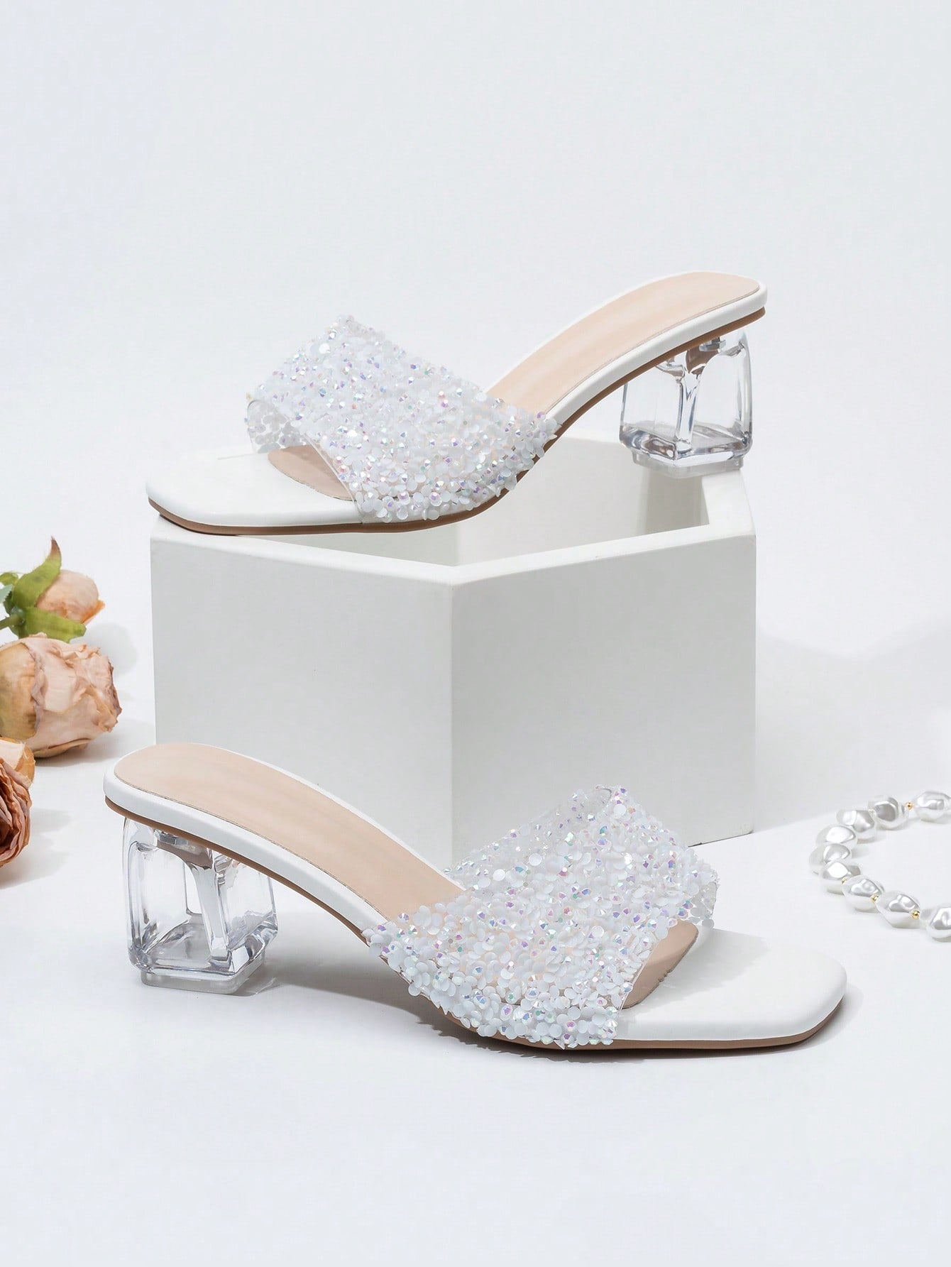 Women Rhinestone Decor Clear Chunky Heeled Mule Sandals, Glamorous Gold Glass Heeled Sandals