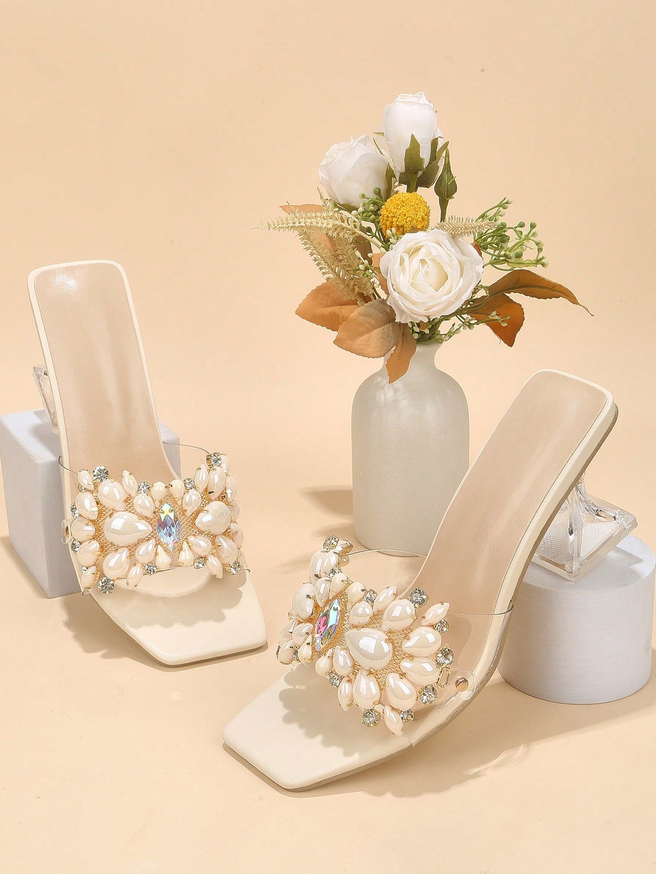 Jewelled Decor Clear Sculptural Heeled Mule Sandals, Ladies' Gold High Heel Sandals With Jewel Detail And Unique Heel