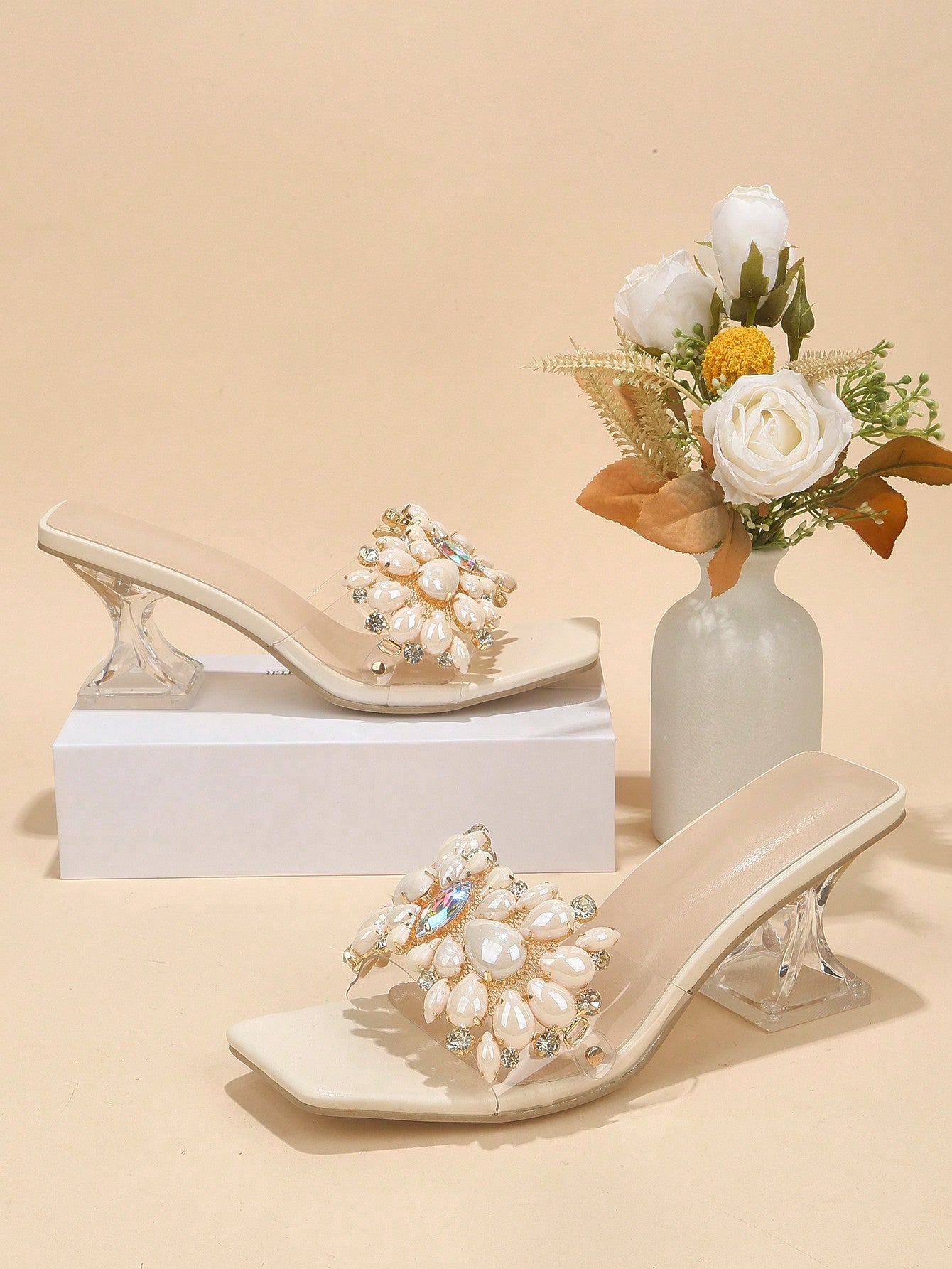 Jewelled Decor Clear Sculptural Heeled Mule Sandals, Ladies' Gold High Heel Sandals With Jewel Detail And Unique Heel