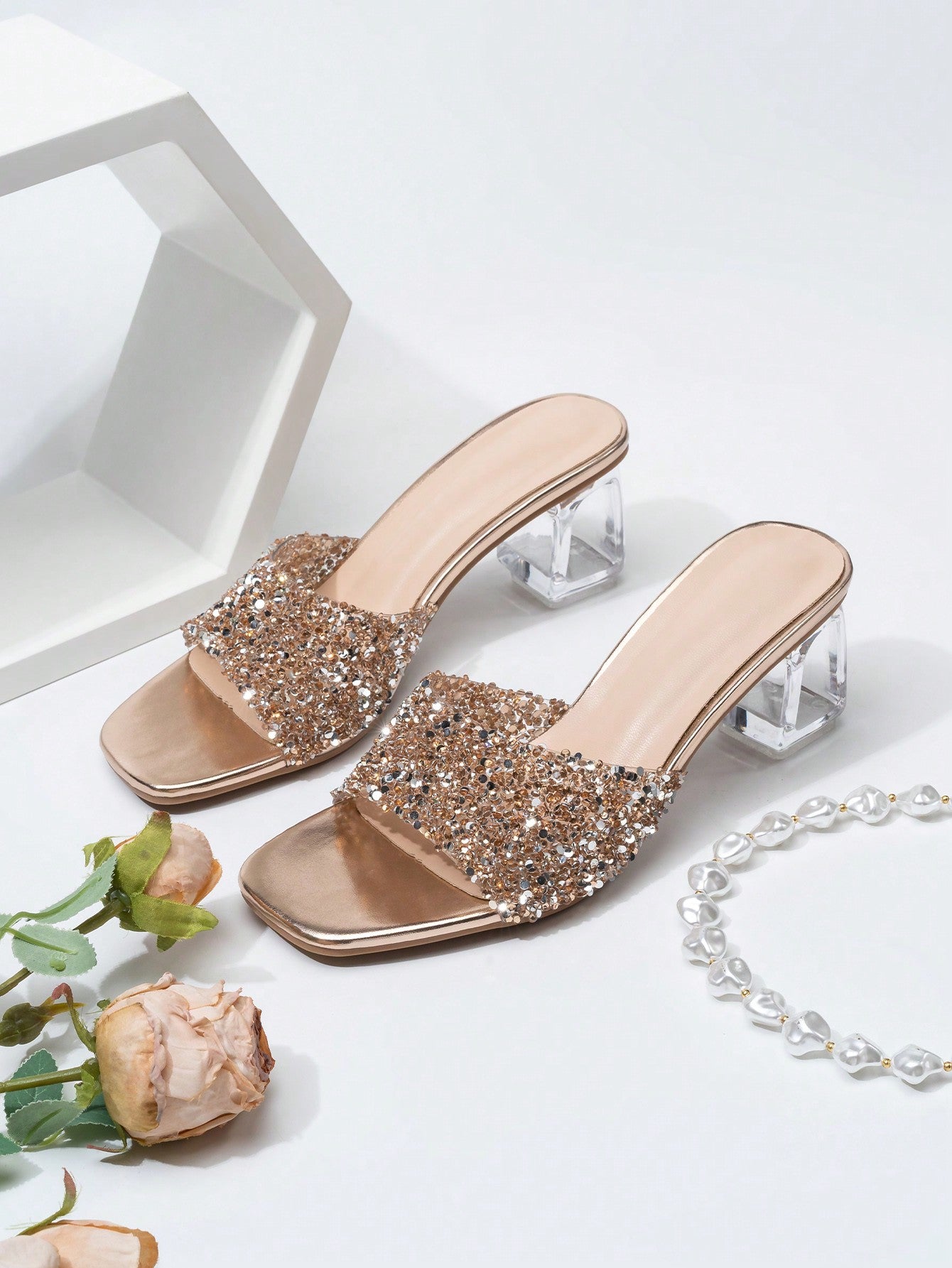 Women Rhinestone Decor Clear Chunky Heeled Mule Sandals, Glamorous Gold Glass Heeled Sandals