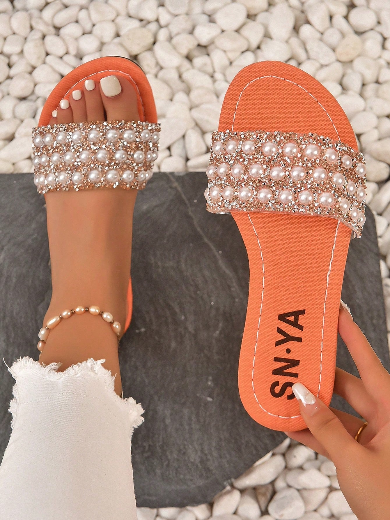 Flat Sandals With Rhinestone & Faux Pearl