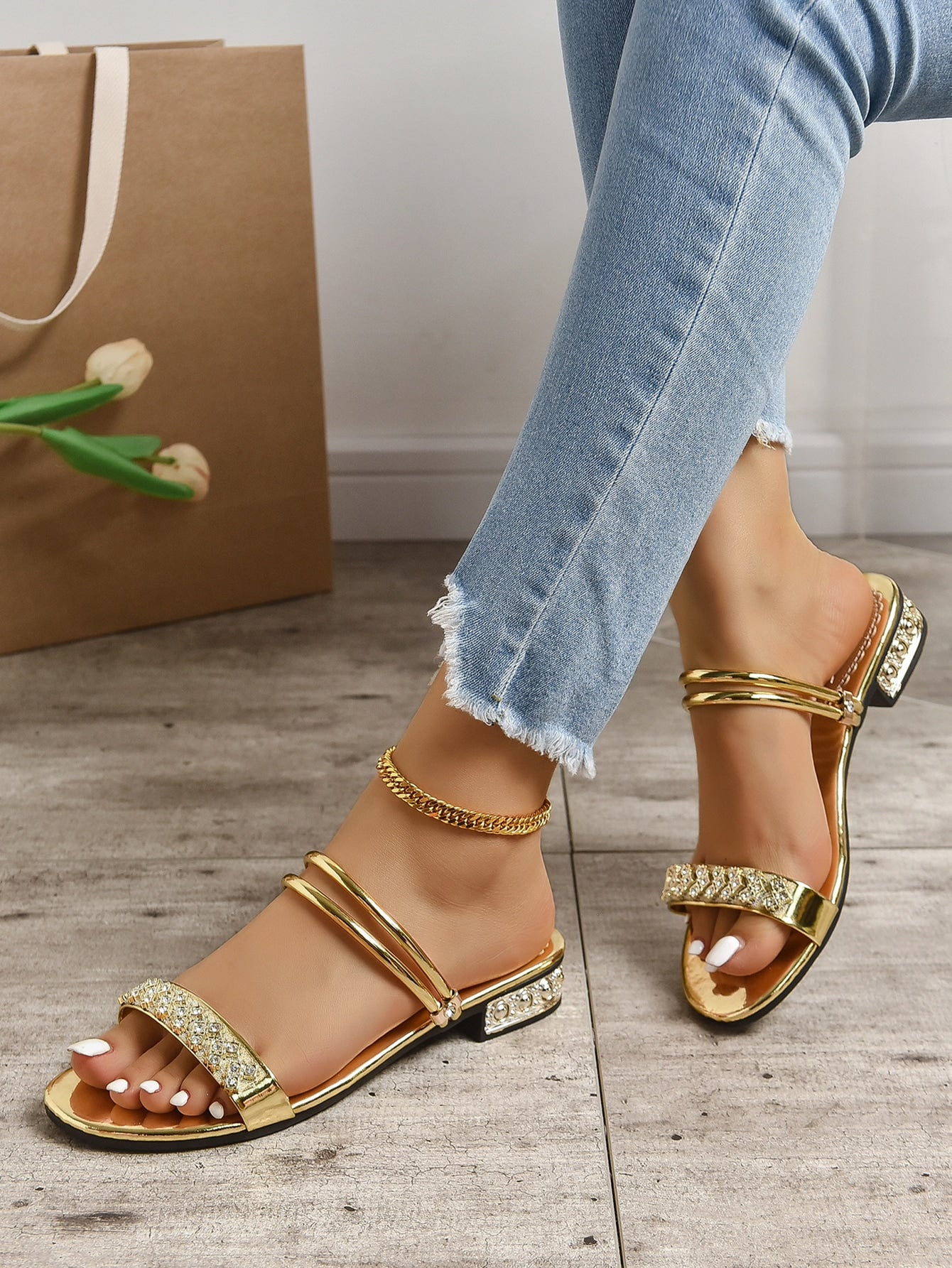 Women Metallic Rhinestone Decor Slide Sandals, Glamorous Sandals