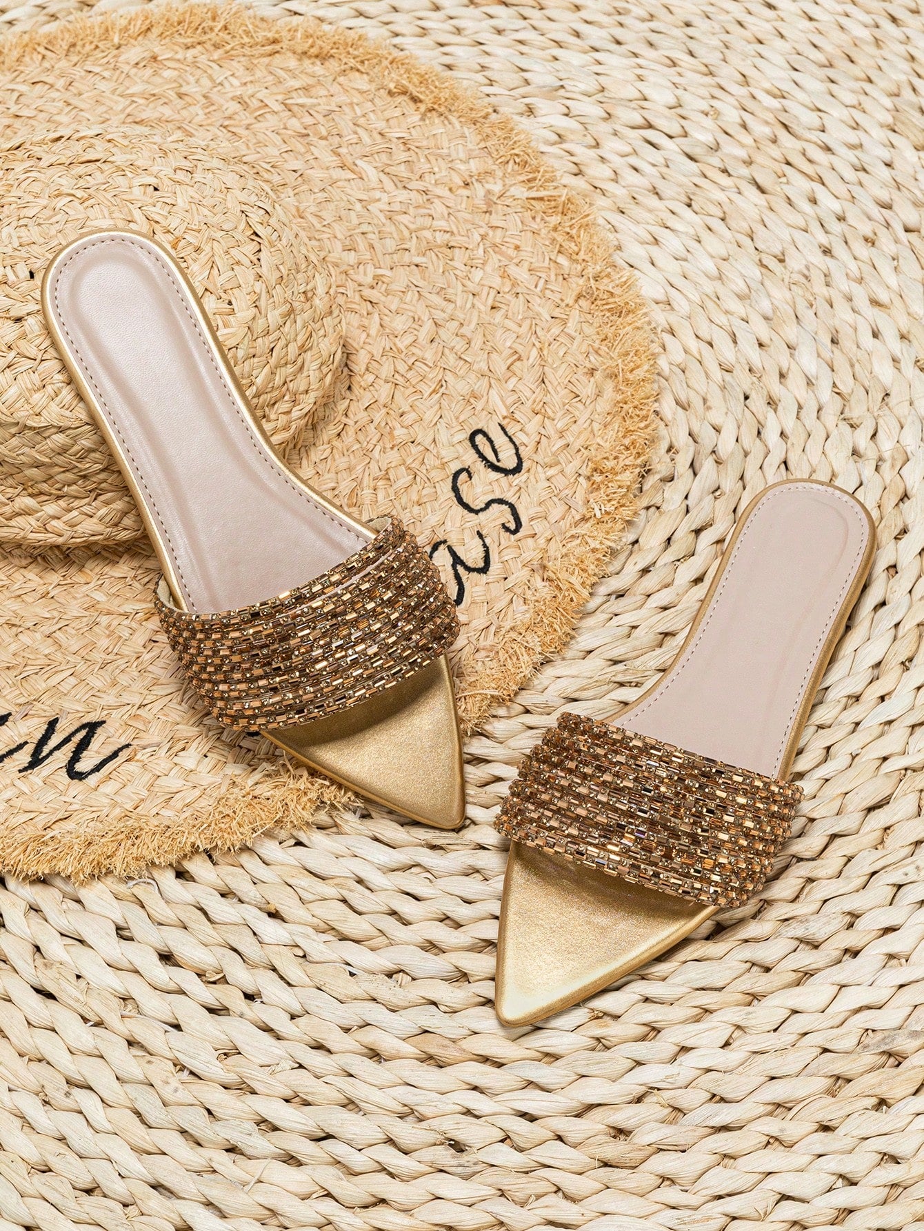 Glamorous Outdoors Flat Slippers For Women, Rhinestone Decor Glass Point Open Toe Slide Sandals