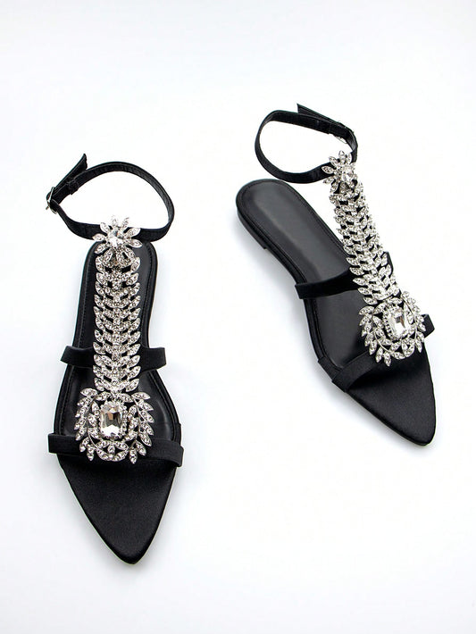 Fashionable Black Eva Elegant Rhinestone Strap Women's Flat Sandals