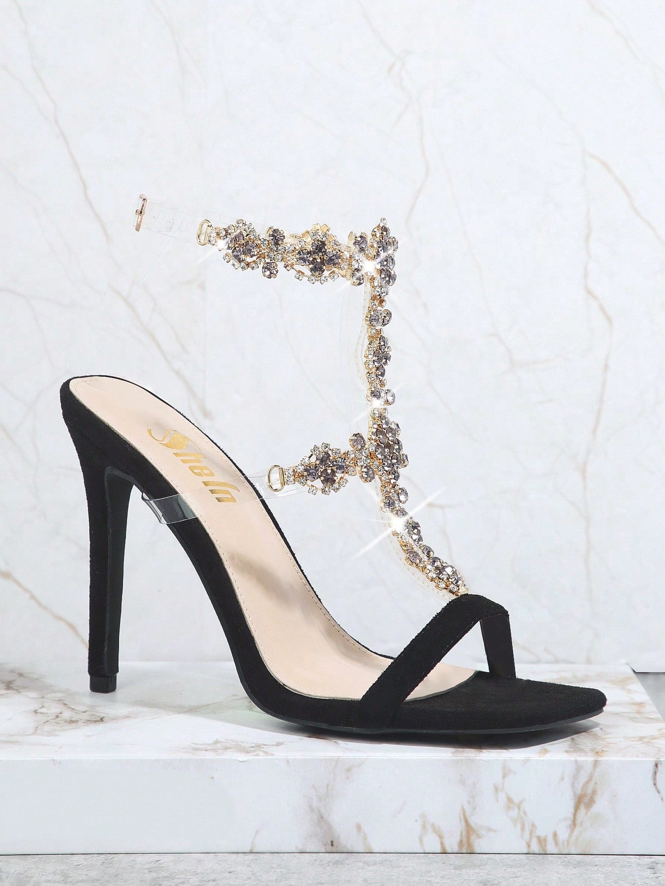 Haute Rhinestone Ankle Strap Open Toe Heels